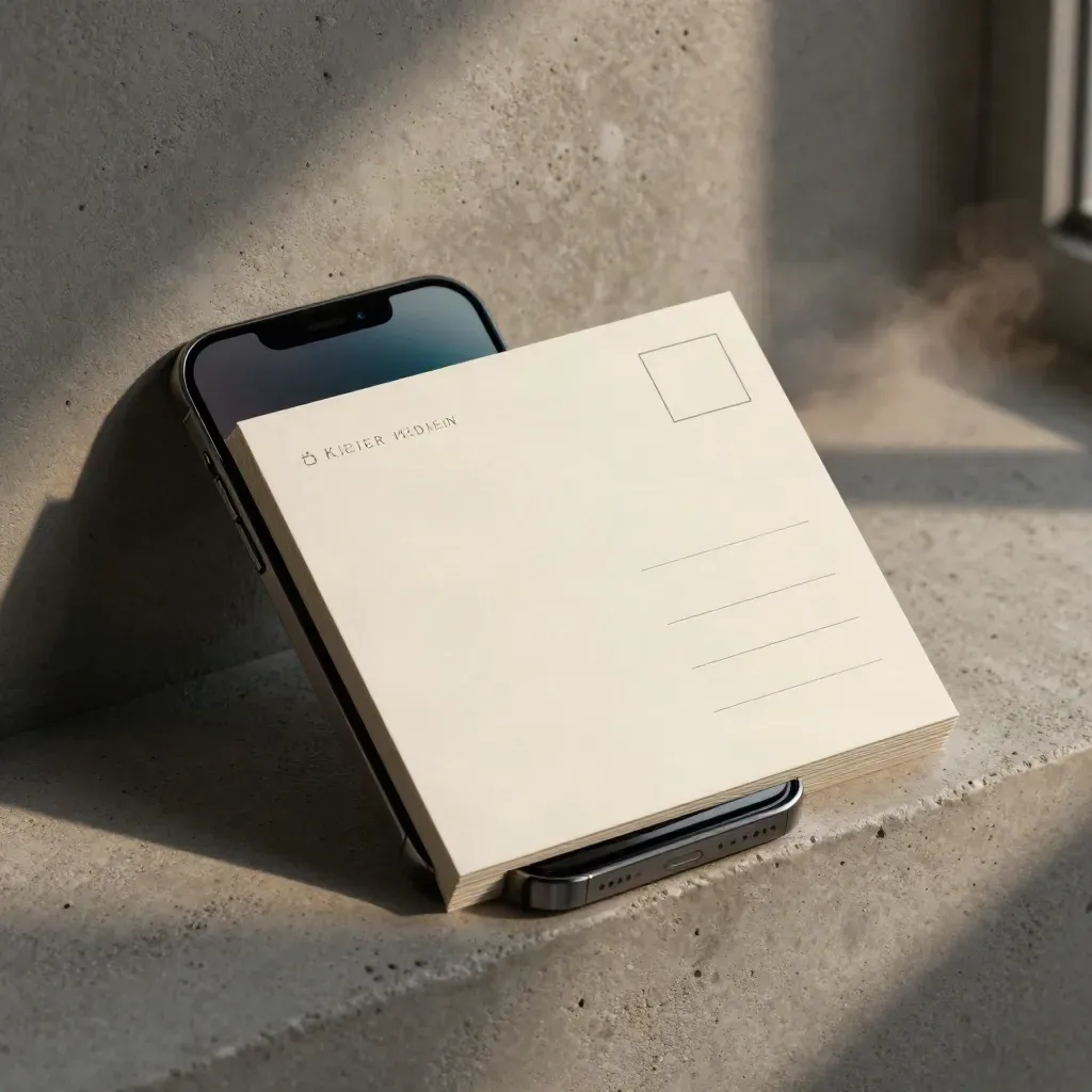 Social-Media-Karten, dunkles Smartphone und Lichtkante auf Beton im Studio