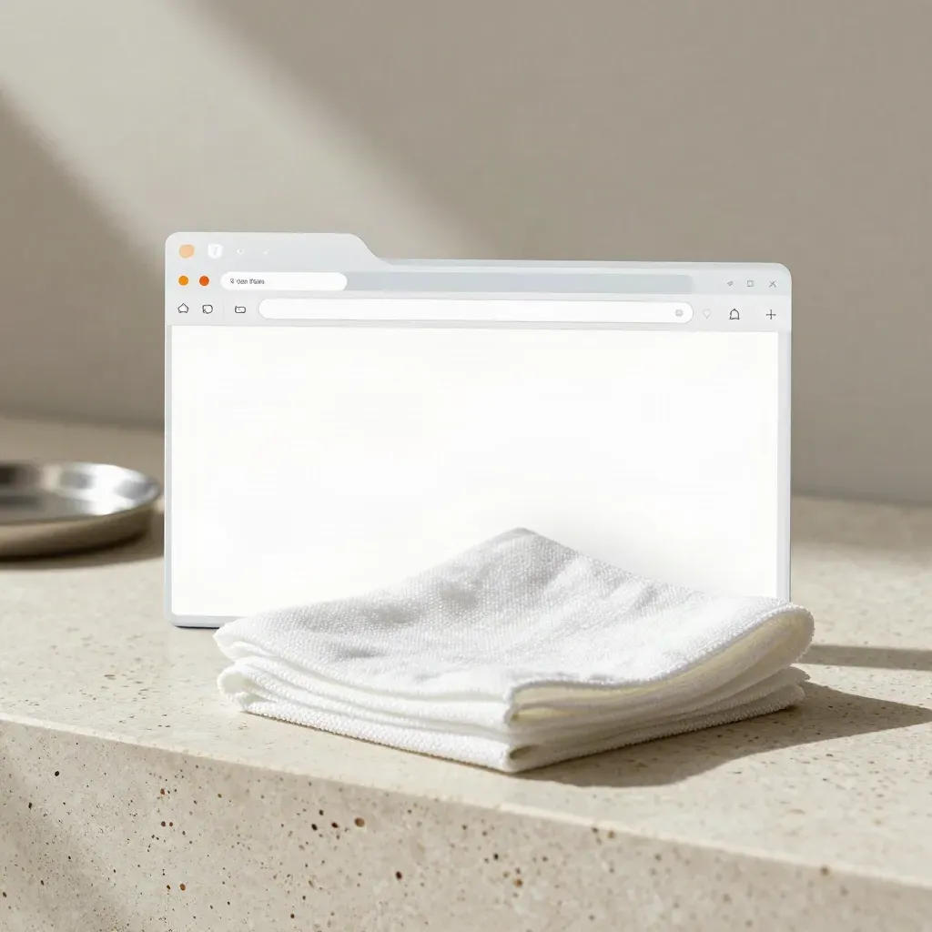 Browserkarten, Servicefolder und Reinigungstuch auf Travertin im Studio.